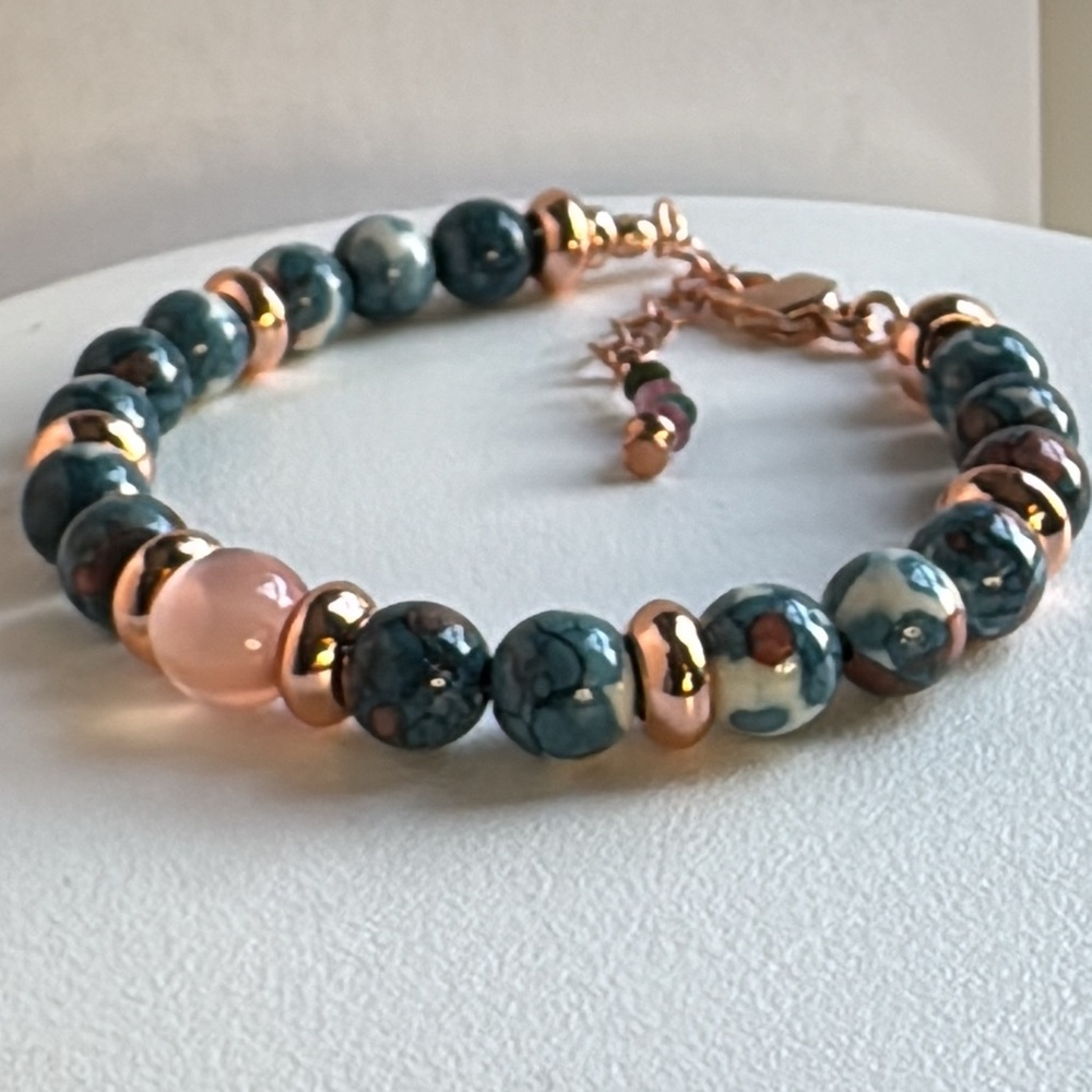 Ocean Jade Gemstone Bracelet with 1950’s Lucite Moon-glow Focal in Rose Gold